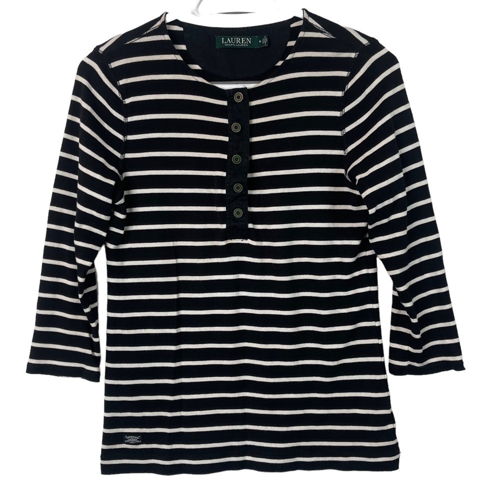 Ralph Lauren Blue Striped 3/4 Sleeve Scoop Neck Casual Sweater Top Size …